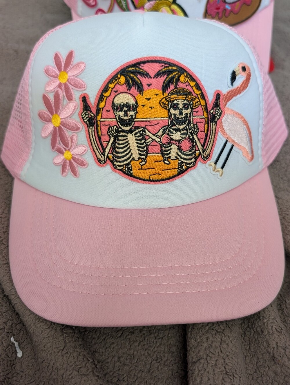 Pink  Trucker Hat with Skeleton Beach Patch -